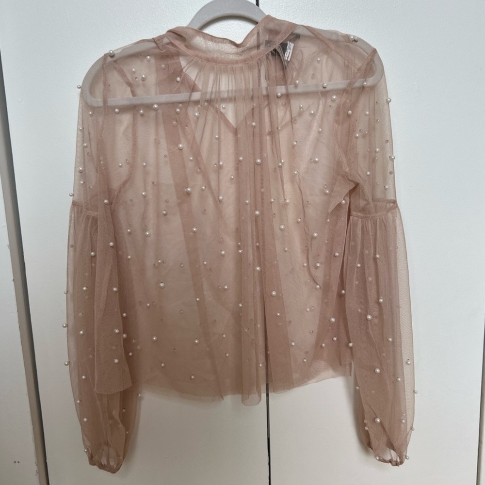 Forever 21 Sheer Pearl-Studded Blouse in Tan
